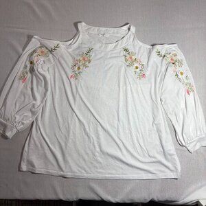 Women's Amaryllis White Cold Shoulder Top with Floral Embroidery Size 3XL